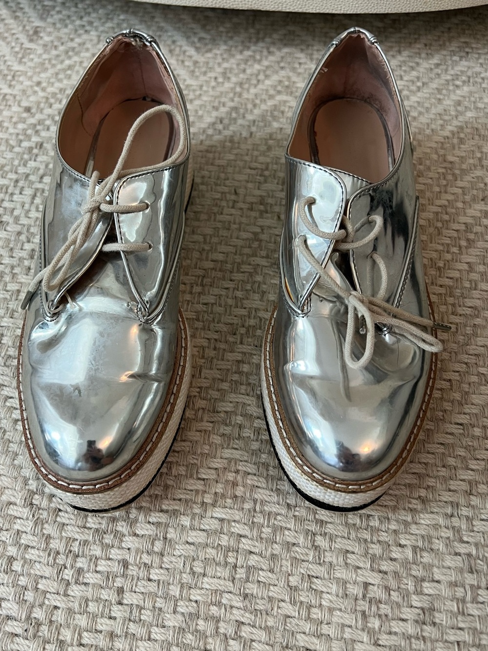 Zara Metallic Silver Platform Lace-Up Oxfords